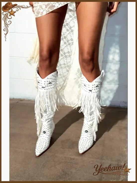 Western Cowgirl Boots with Rhinestones and Fringe, Pointed Toe, Knee-High - Picture 7 of 7